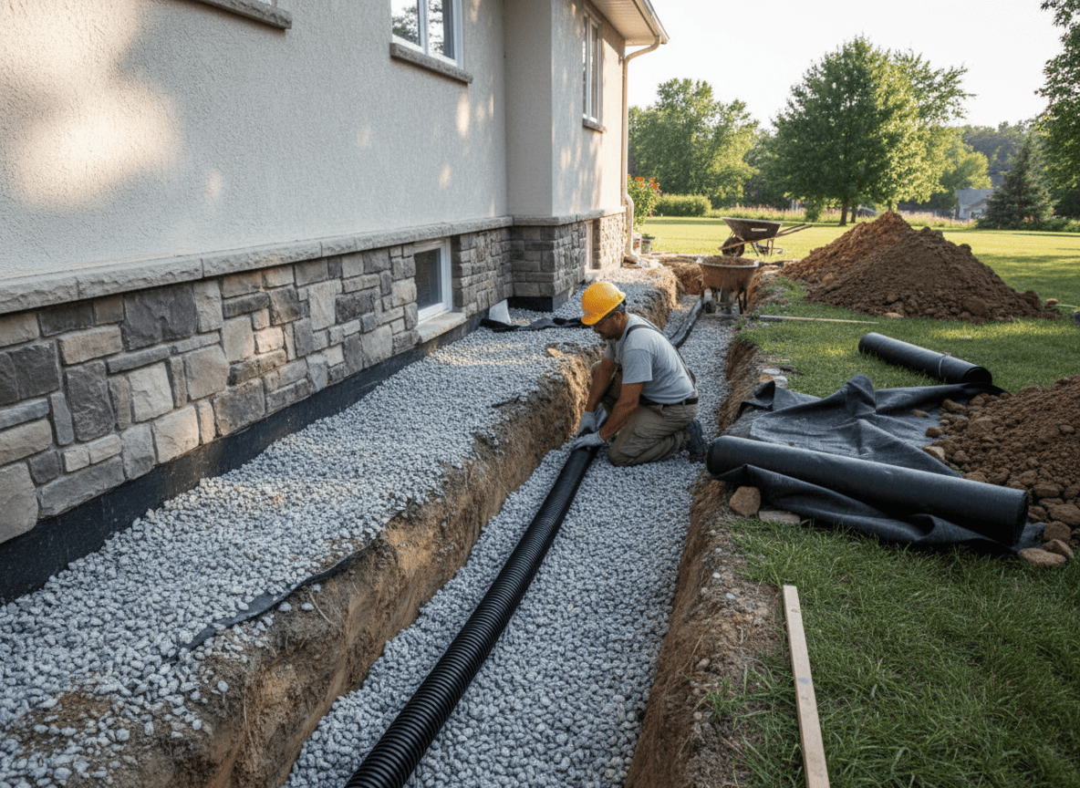 Contractor installing a French drain trench with gravel and pipe along a house foundation