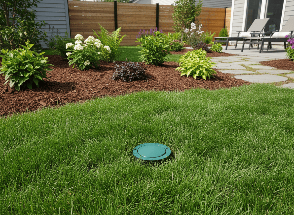 Finished French drain pop-up emitter in a landscaped lawn
