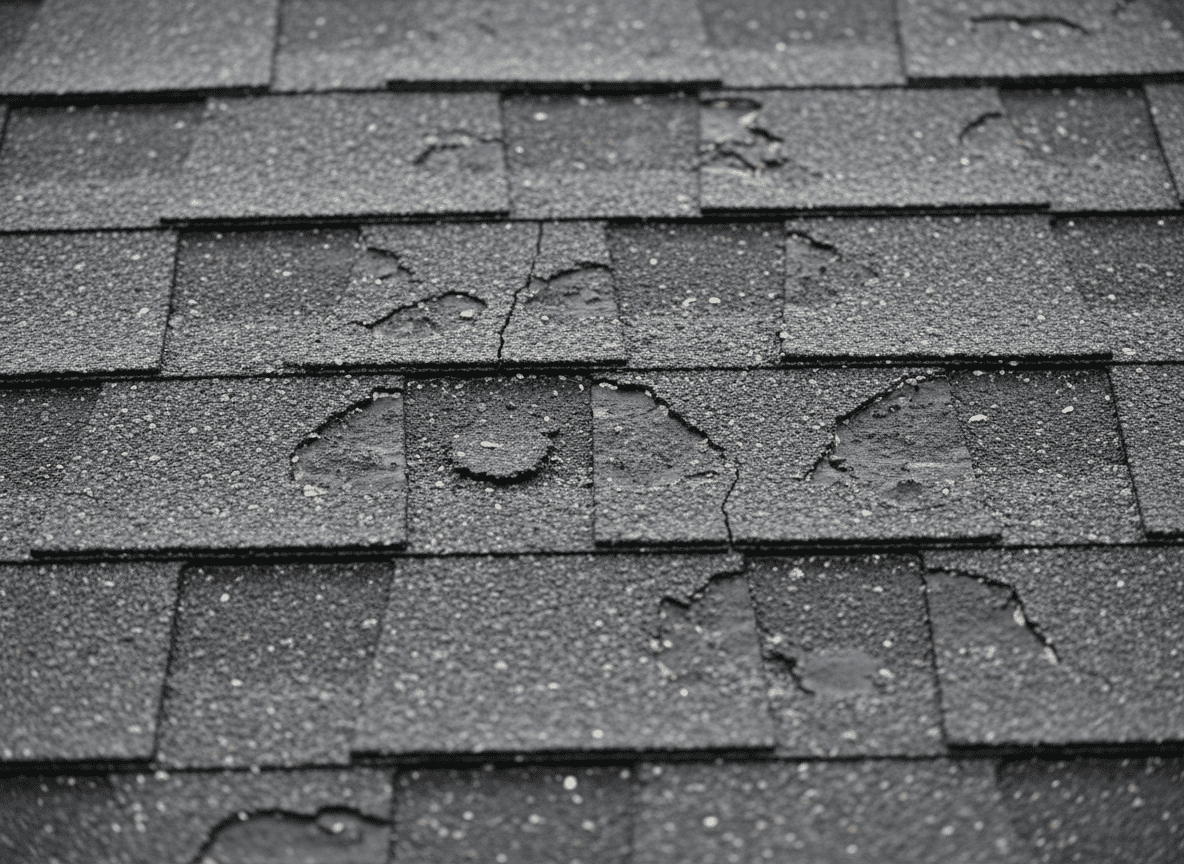 Close-up of hail-damaged asphalt roof shingles