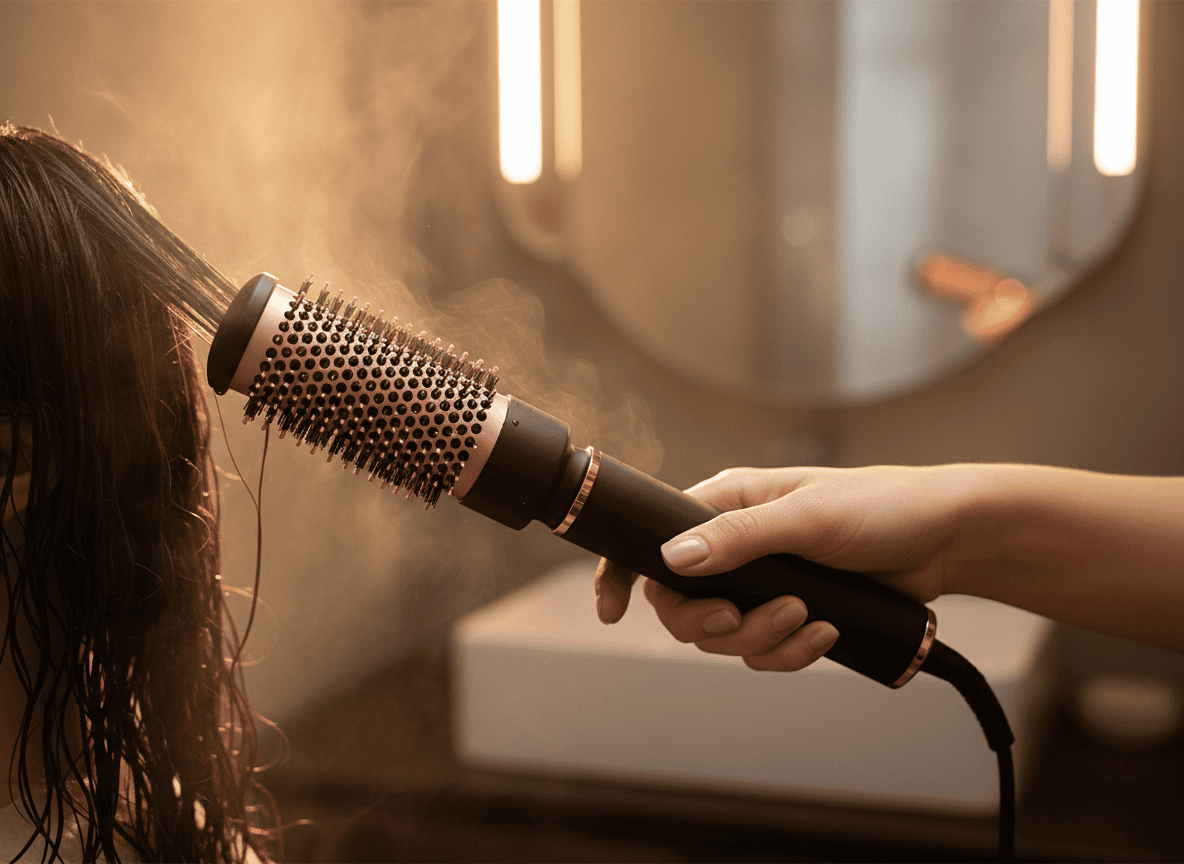 Close-up of a hot air styling brush being used on wet hair