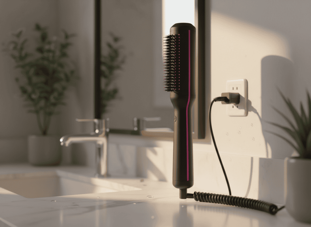 Hair dryer brush styling tool plugged in on a bathroom counter