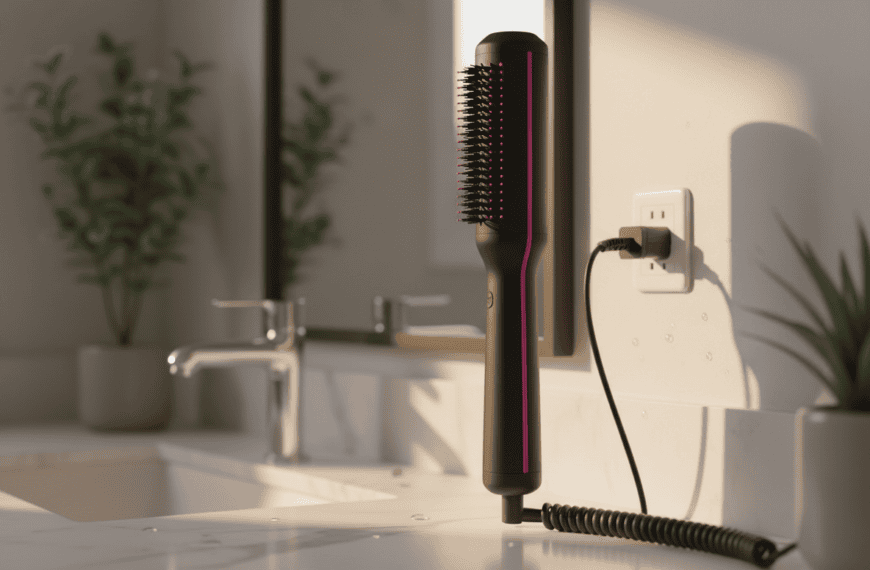 Hair dryer brush styling tool plugged in on a bathroom counter