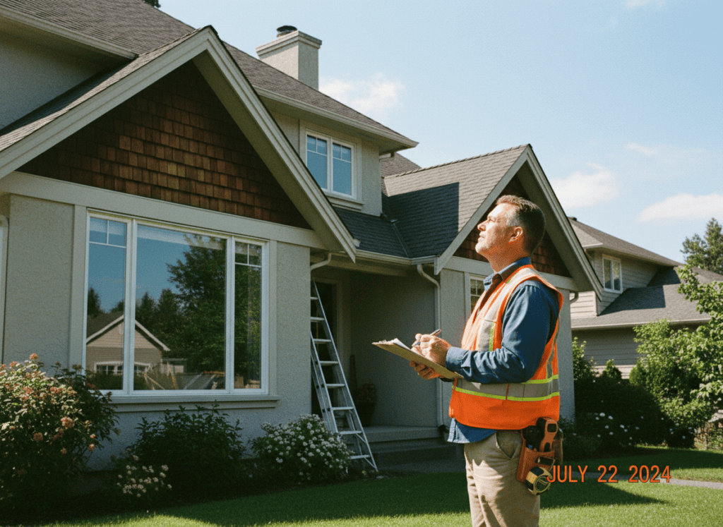 Home inspector holding a clipboard checklist while examining a house exterior