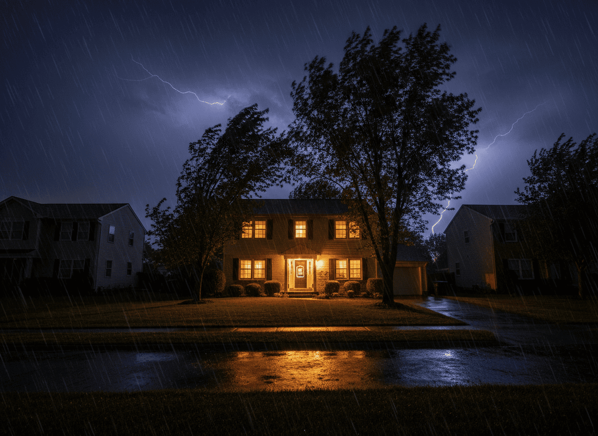 Home with lights on during a power outage while neighbors are dark