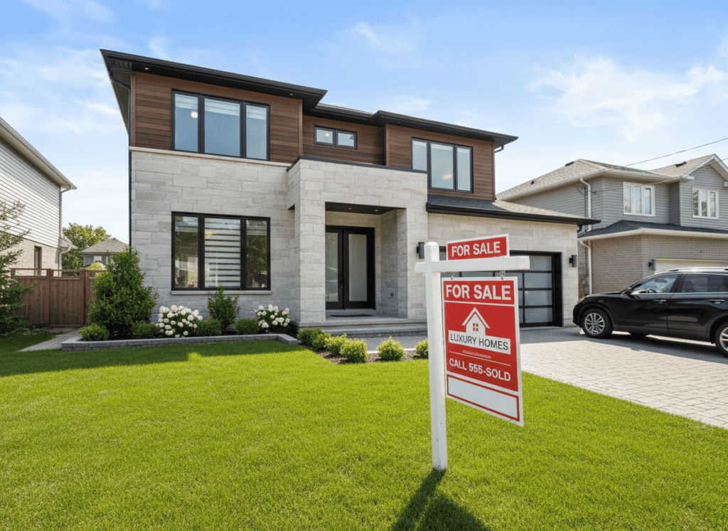Suburban house with a For Sale sign on the front lawn