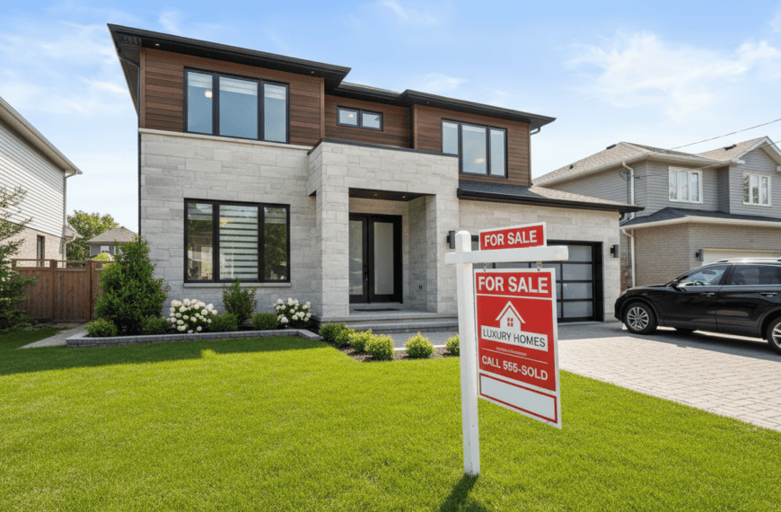 Suburban house with a For Sale sign on the front lawn