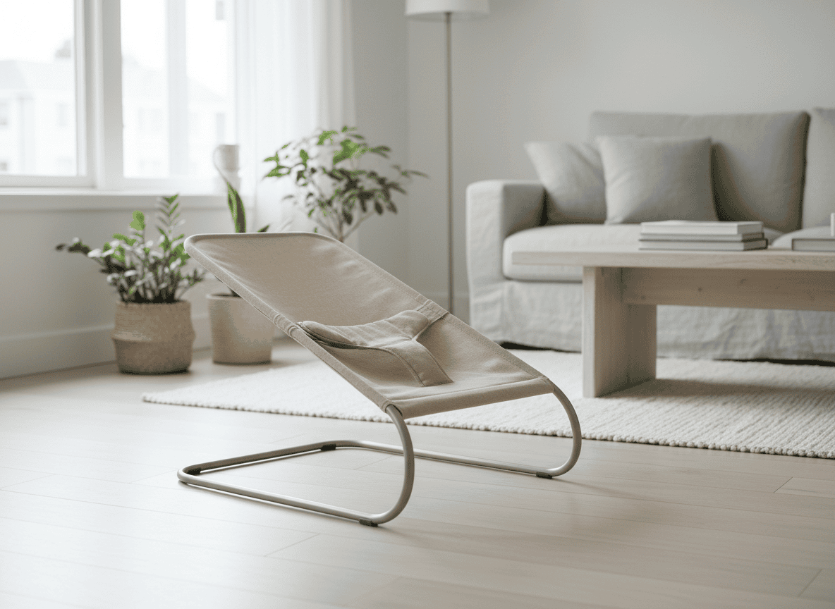 An empty infant bouncer seat in a bright living room