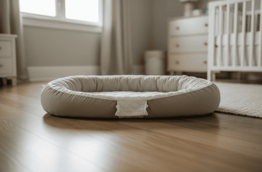 An infant lounger pillow with padded bumper sides on a nursery floor