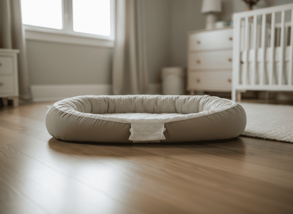 An infant lounger pillow with padded bumper sides on a nursery floor