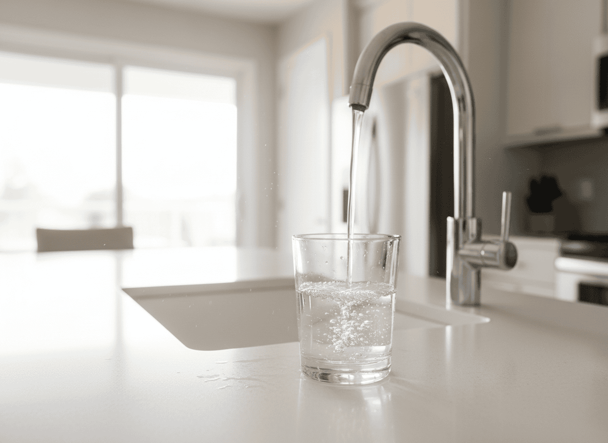 Clean water running from a kitchen faucet into a glass