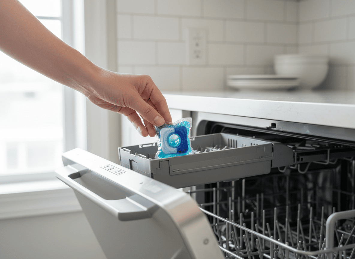 Hand placing a dishwasher detergent pod into the dispenser