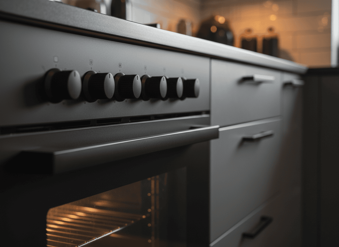 Close-up of matte black oven and cabinet hardware