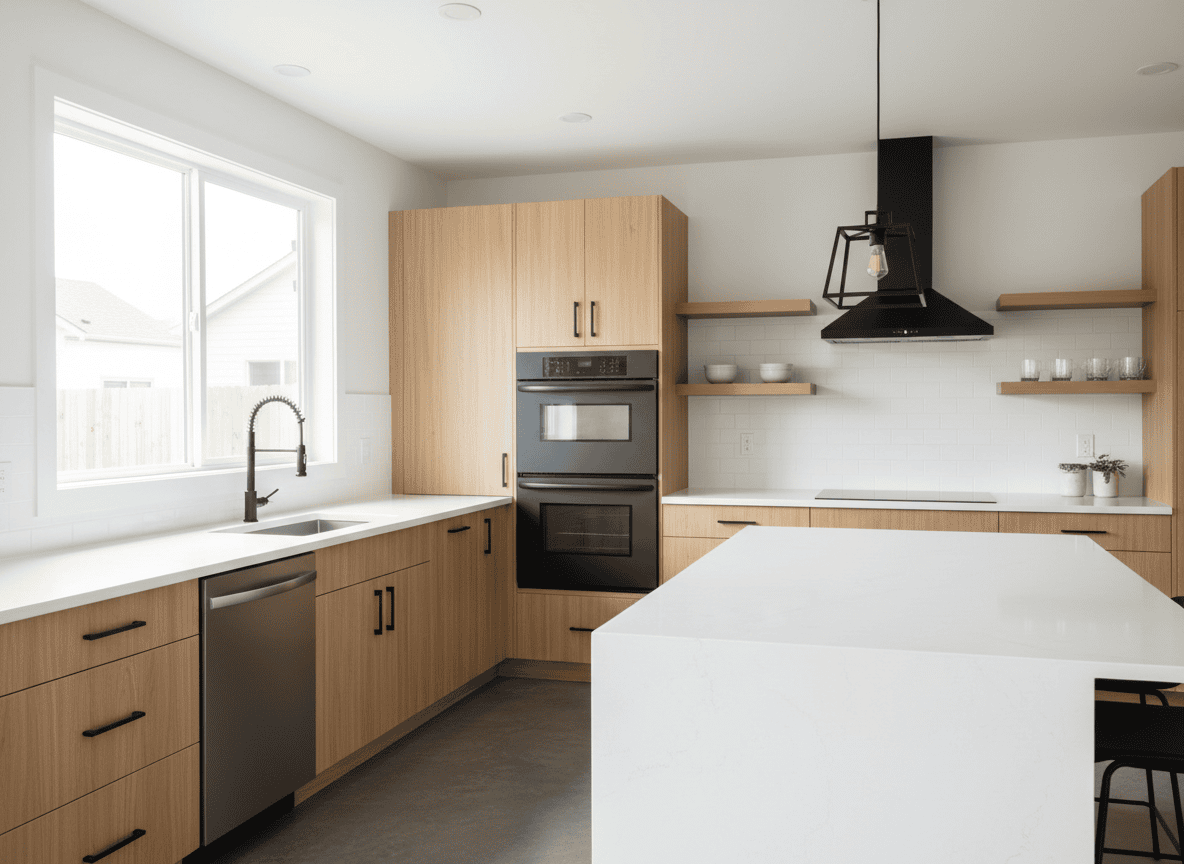 Kitchen mixing stainless steel and matte black appliance finishes