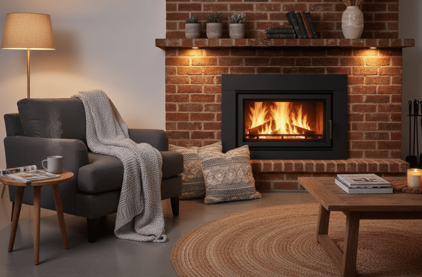 Modern fireplace insert glowing with fire installed in a brick fireplace