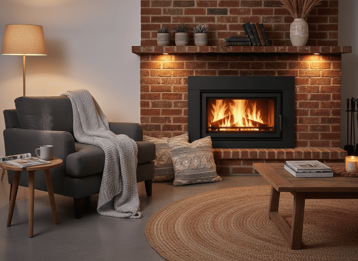 Modern fireplace insert glowing with fire installed in a brick fireplace