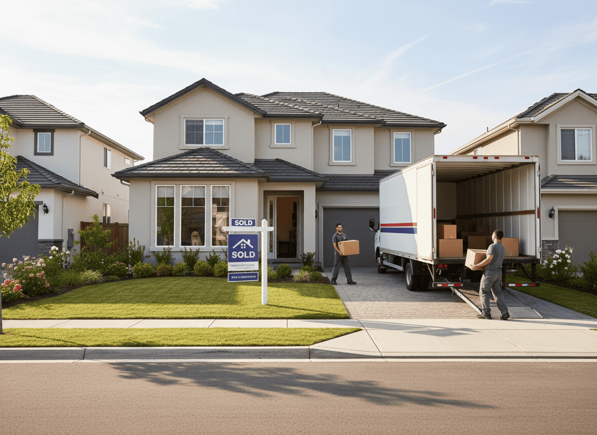 Moving truck and sold sign in front of a suburban home