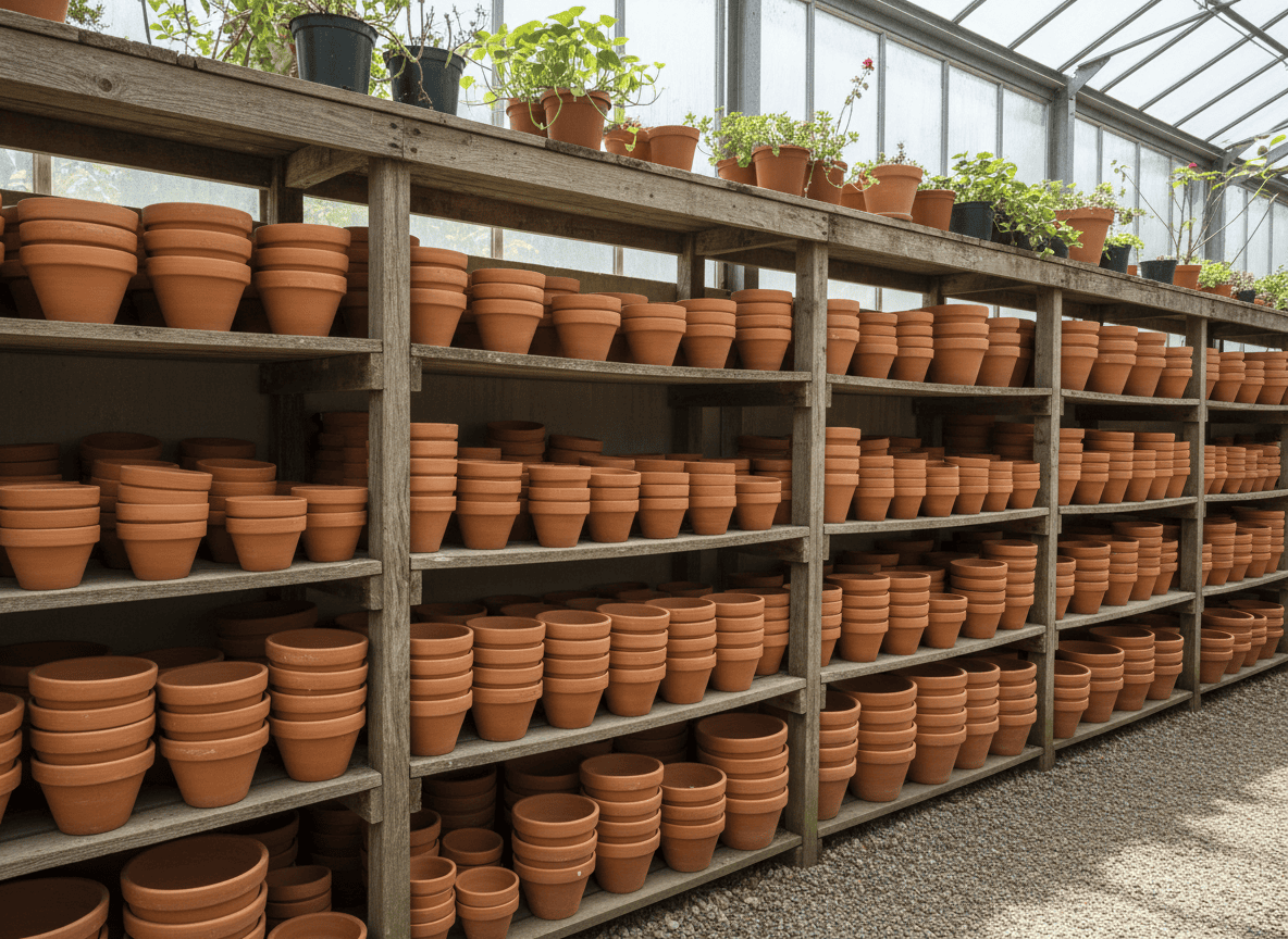 Garden nursery shelves stocked with terracotta clay pots in various sizes