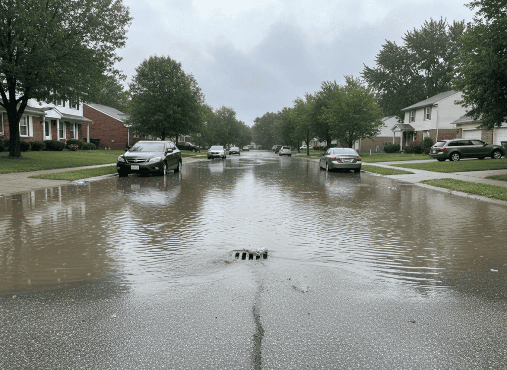 Flooded suburban street in Ohio after repeated heavy rain