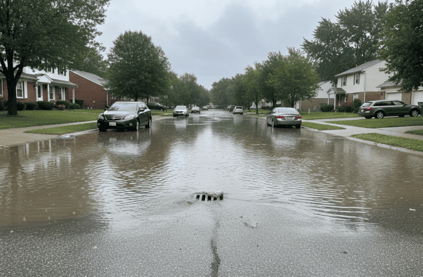 Flooded suburban street in Ohio after repeated heavy rain