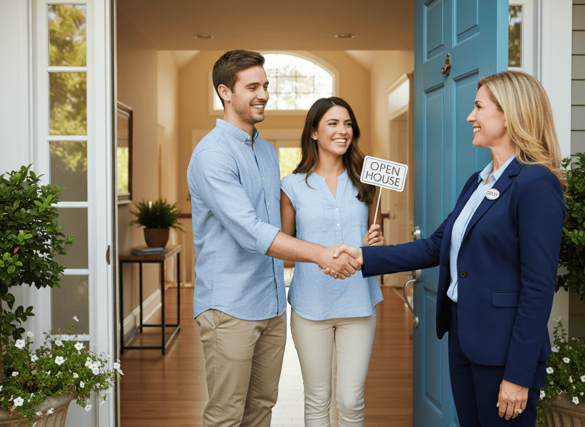 Real estate agent welcoming a couple to an open house