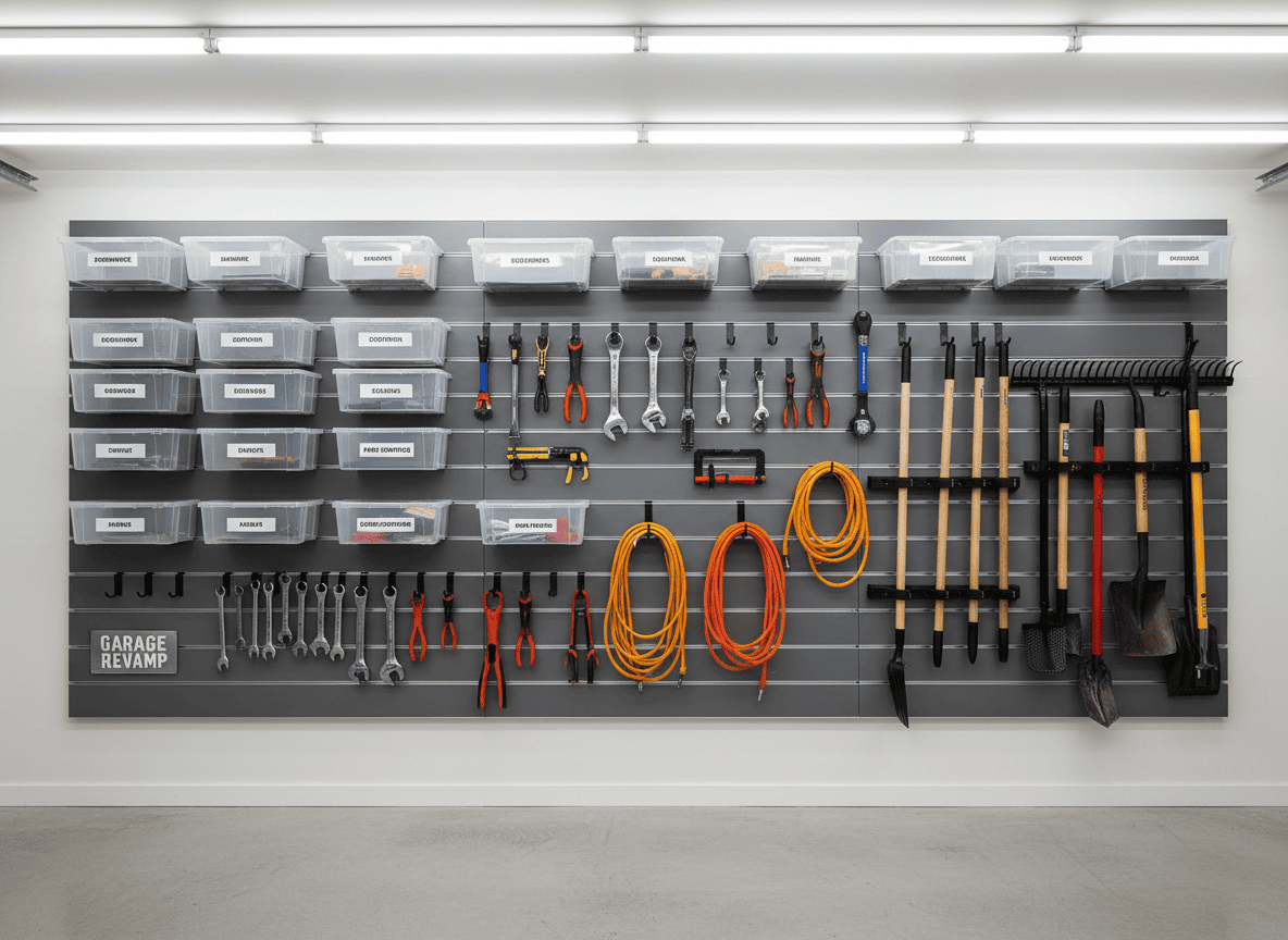 Organized garage wall storage system with labeled bins and tool hooks