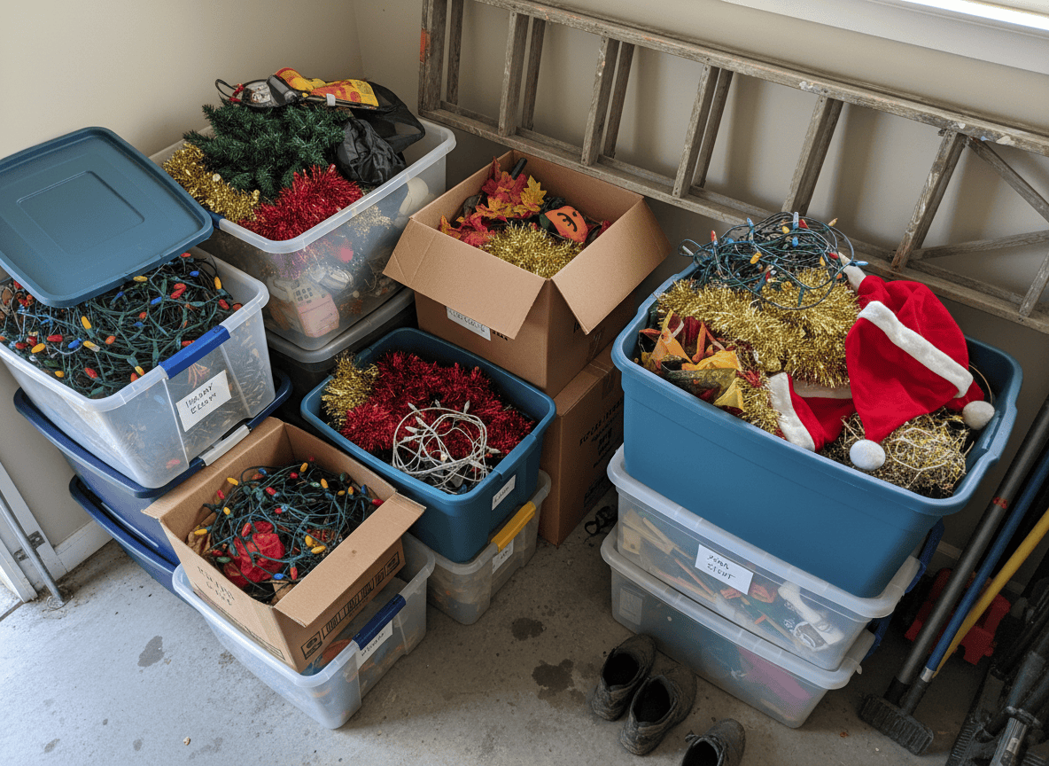 Overflowing storage bins stacked in a garage corner