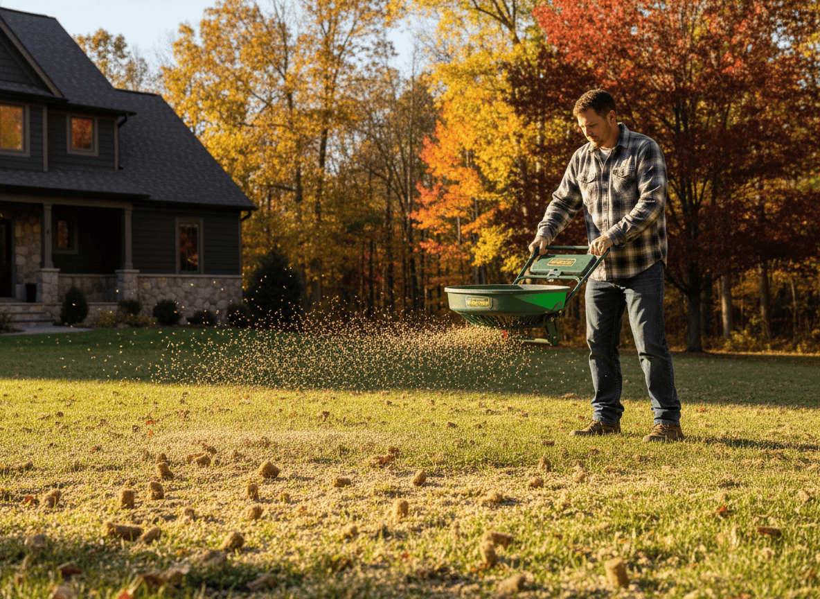 Homeowner overseeding a lawn after fall aeration