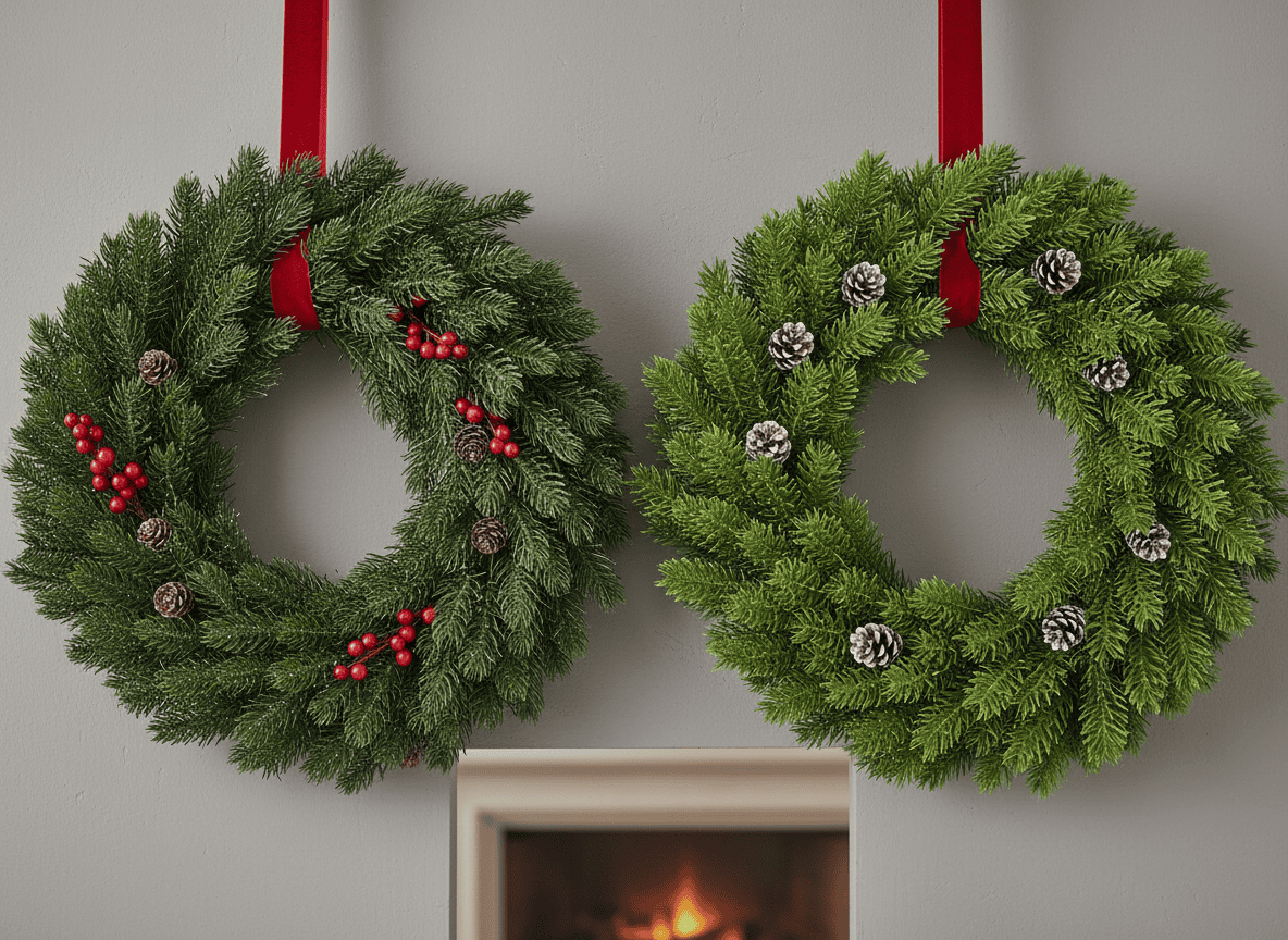 A side-by-side comparison of a real fresh evergreen wreath and an artificial synthetic wreath