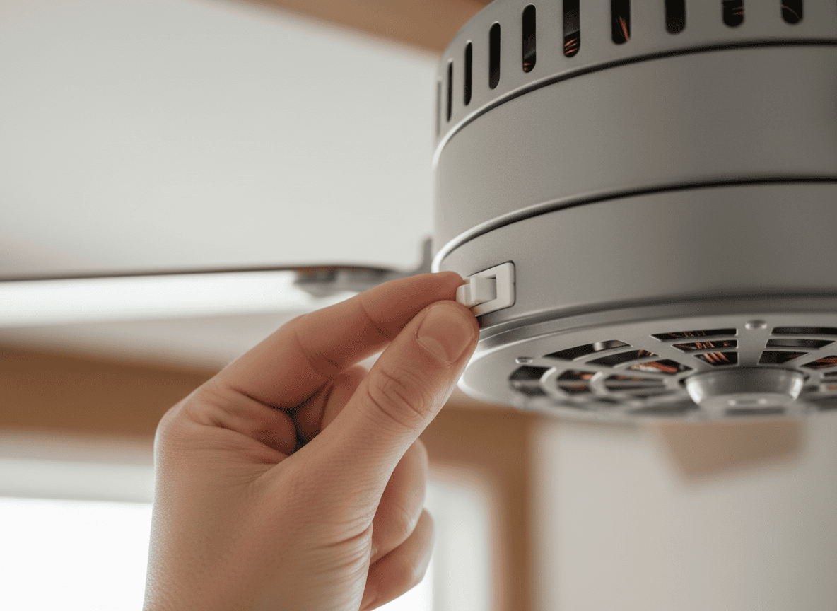 A hand flipping the direction-reversal switch on a ceiling fan motor housing