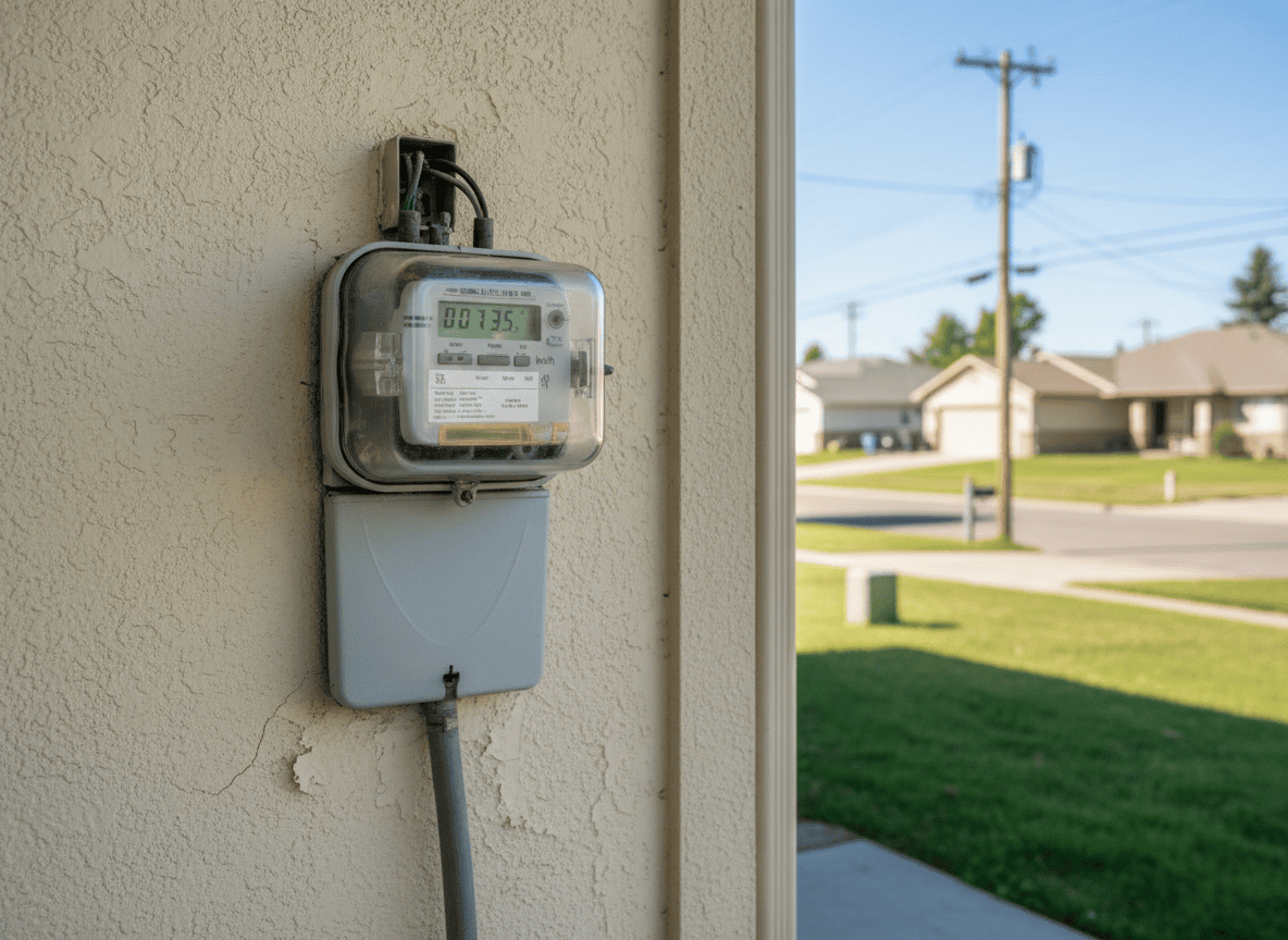 Home electricity meter on a suburban house exterior wall