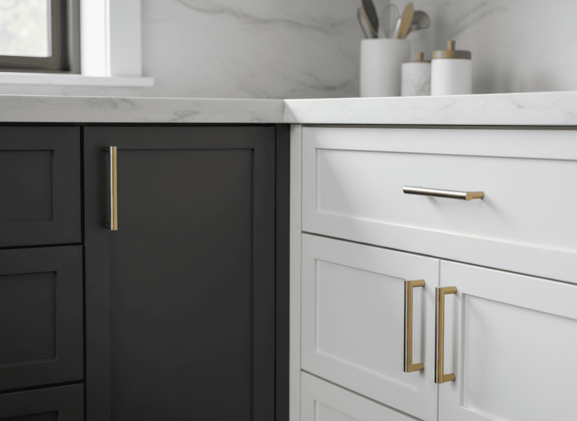 Close-up of a kitchen cabinet corner where dark charcoal cabinetry meets light white cabinetry
