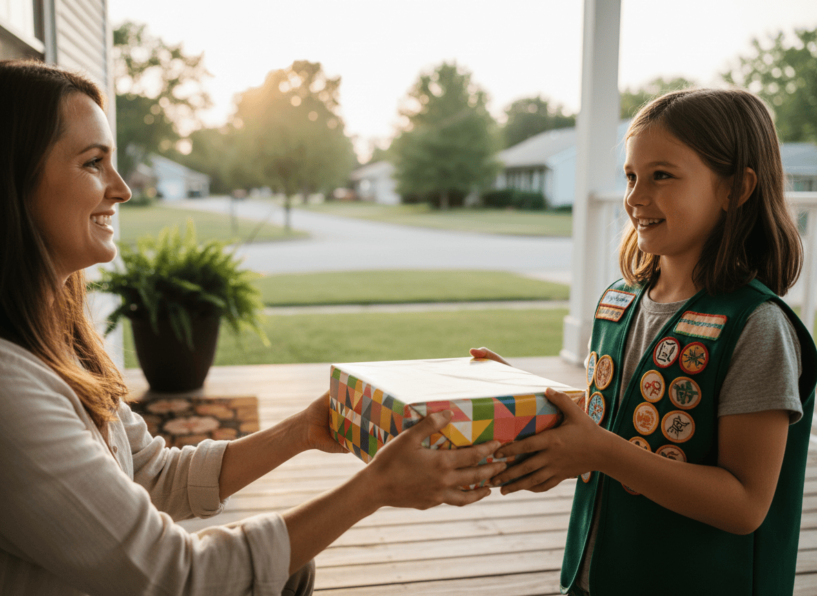 A young Girl Scout handing a cookie box to a customer on a sunny porch