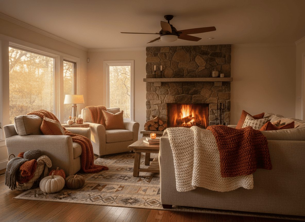 A cozy living room with a fireplace and a ceiling fan running on low in autumn
