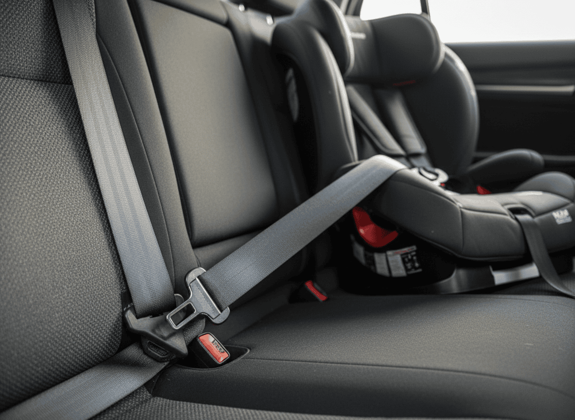 Seatbelt buckle stretched across a car back seat beside a booster seat