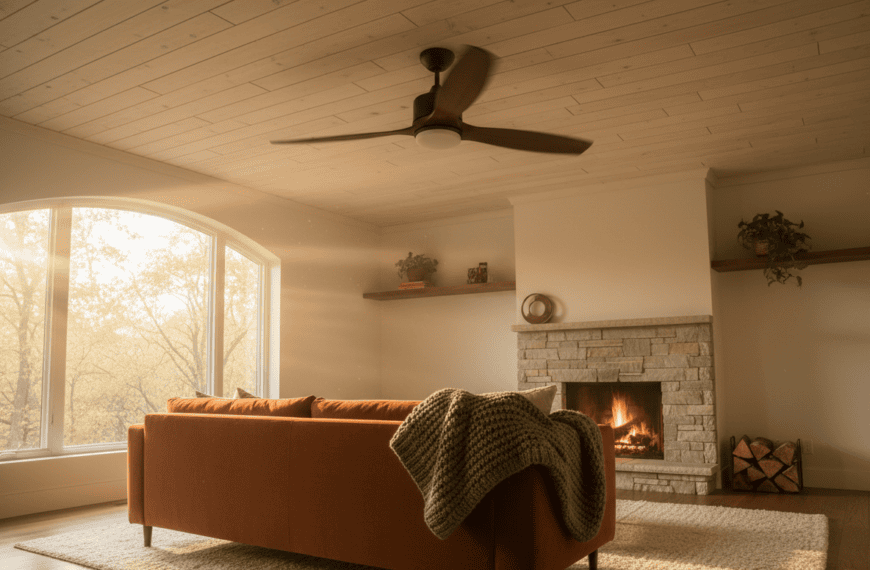 Photorealistic editorial home interior photo looking up at a modern wood-blade ceiling fan spinning in a cozy living room, warm autumn afternoon light streaming through a window, inviting home comfort scene, no logos, no text