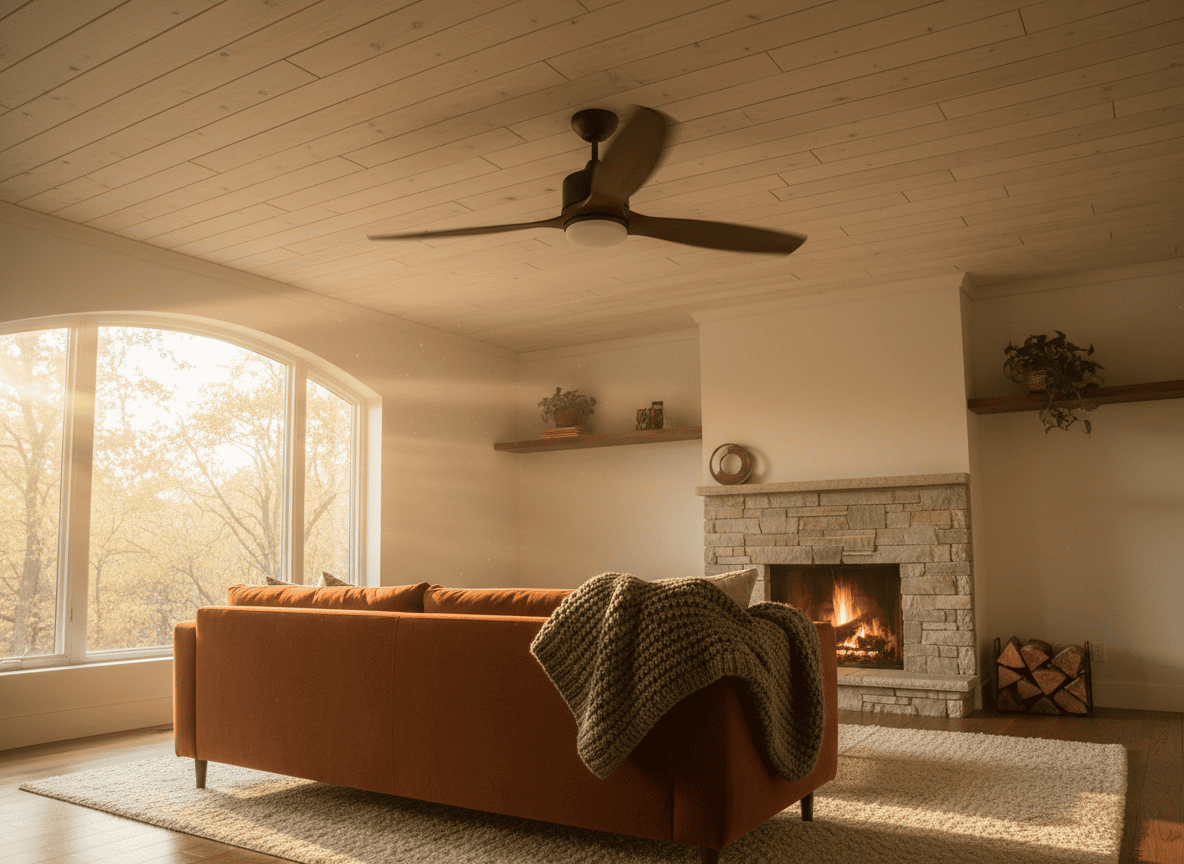 Photorealistic editorial home interior photo looking up at a modern wood-blade ceiling fan spinning in a cozy living room, warm autumn afternoon light streaming through a window, inviting home comfort scene, no logos, no text