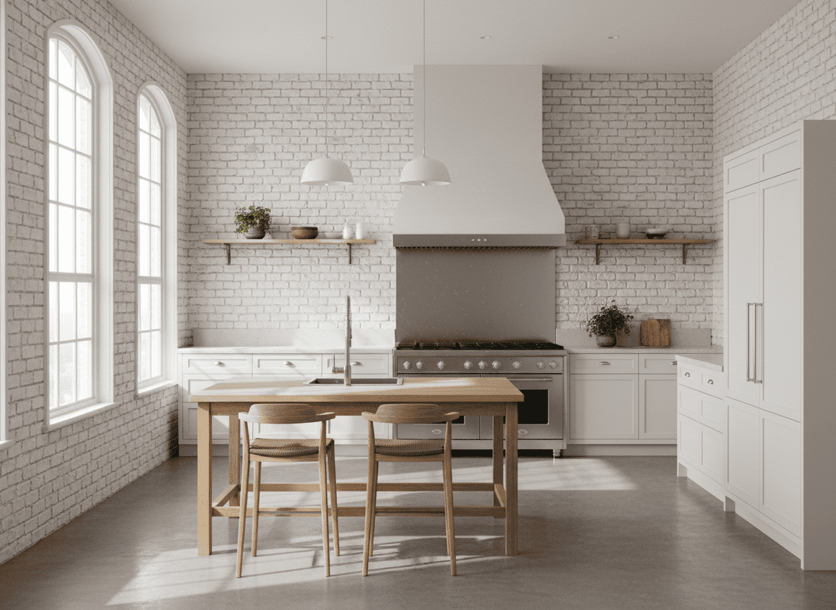 Bright kitchen with white-painted exposed brick and a professional range