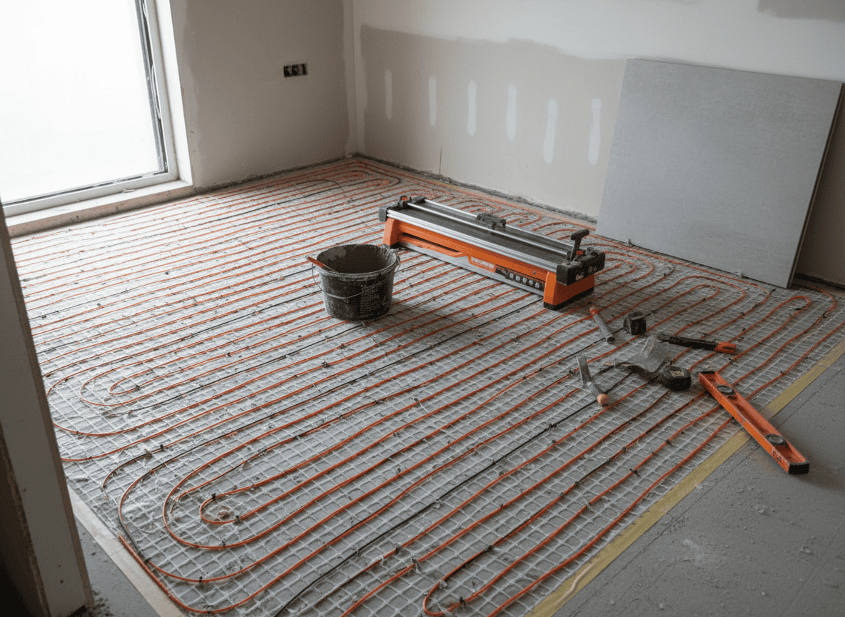 A bathroom floor renovation showing thin electric radiant heating cable mats laid on a subfloor before tile installation