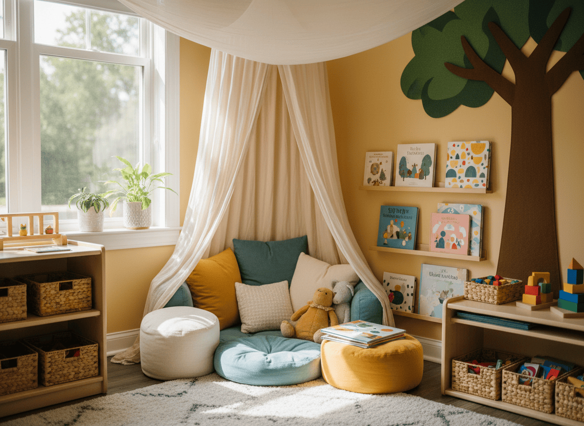 A cheerful early-childhood classroom reading nook with picture books and natural light