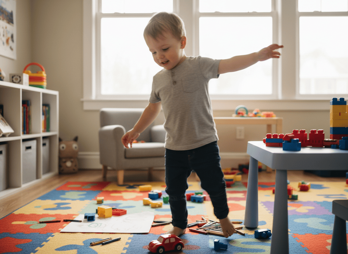 A five-year-old child moving between several different activities in a playroom, captured mid-motion