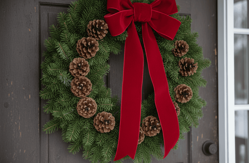 Photorealistic editorial photo of a fresh evergreen Christmas wreath made of real fir branches with pinecones and a red velvet ribbon, hanging on a dark wood front door, soft winter daylight, home decor magazine editorial style, shallow depth of field.