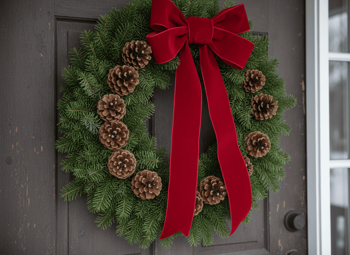 Photorealistic editorial photo of a fresh evergreen Christmas wreath made of real fir branches with pinecones and a red velvet ribbon, hanging on a dark wood front door, soft winter daylight, home decor magazine editorial style, shallow depth of field.