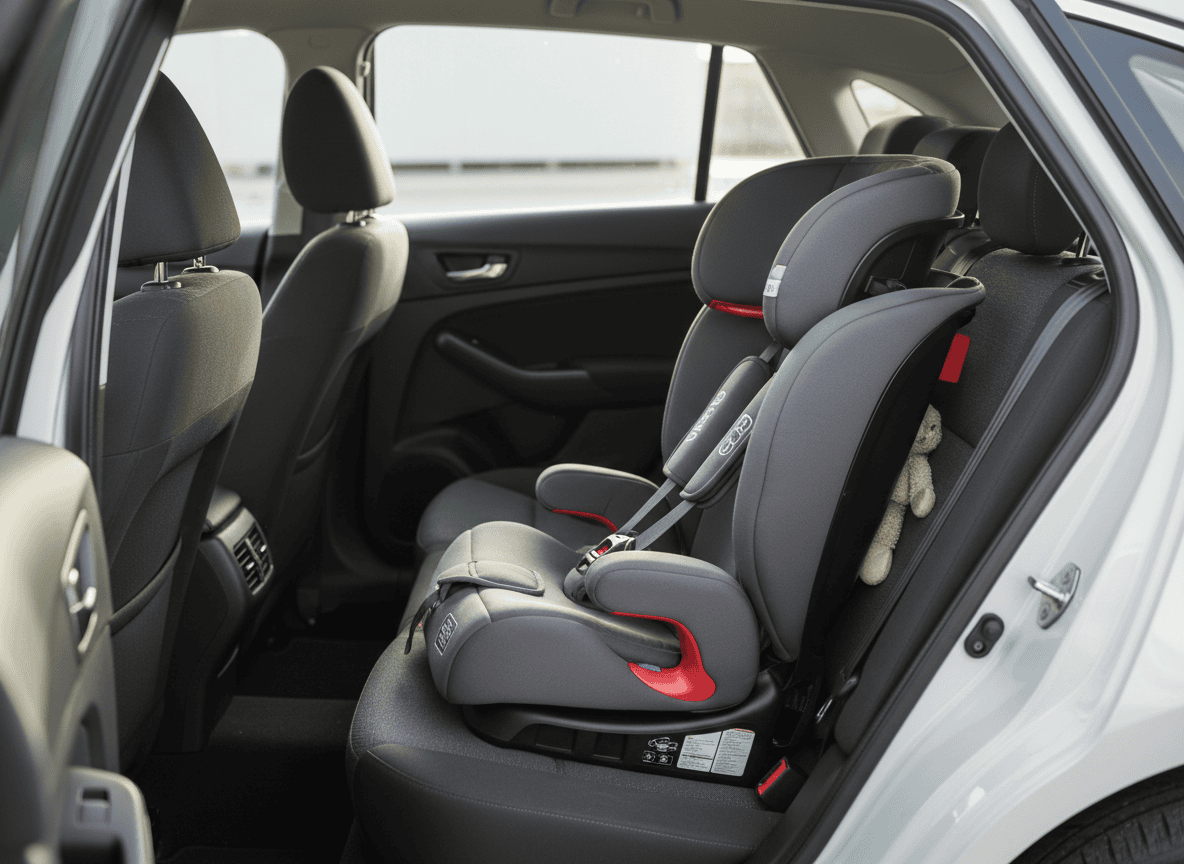 Child's booster seat installed in the back seat of a car