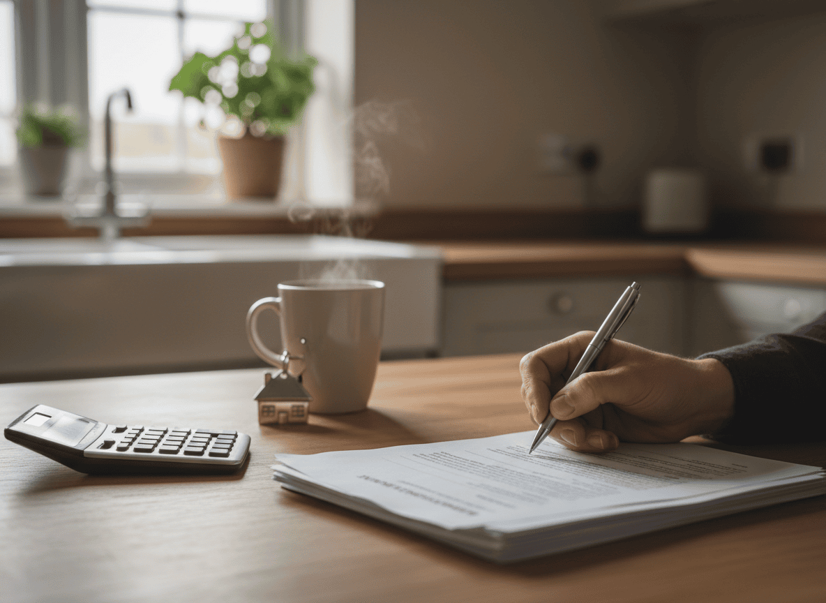 Homeowner signing paperwork at a kitchen table