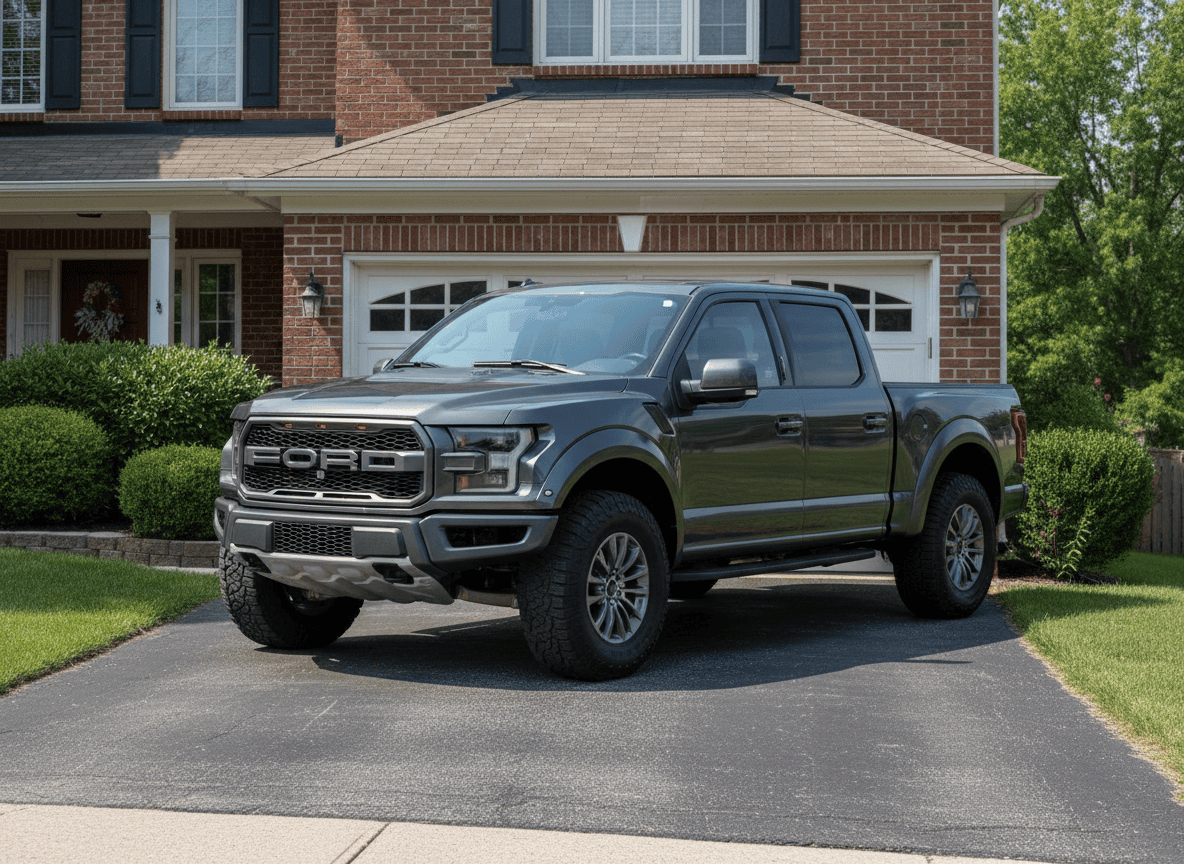 A modern full-size pickup truck parked beside a narrow older single-car garage door, showing the size mismatch