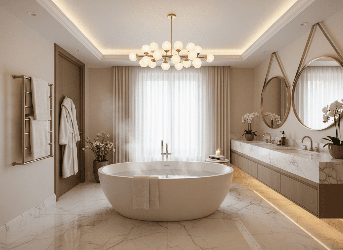 A luxurious primary bathroom with heated marble floors and a large soaking tub