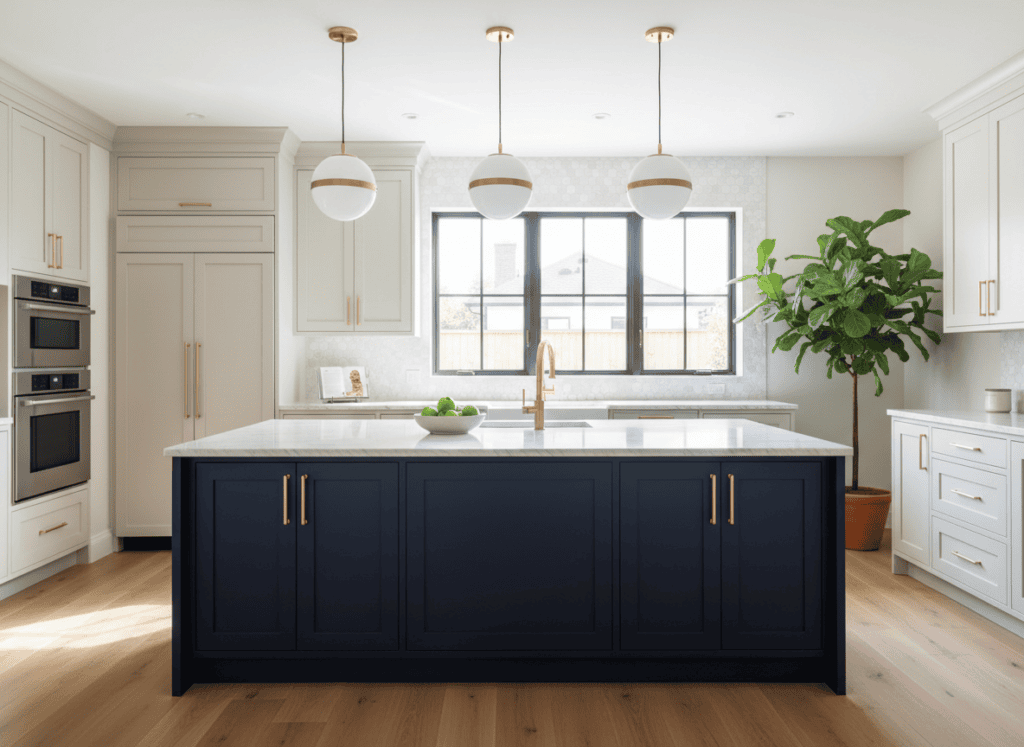 Photorealistic editorial photo of a modern kitchen featuring a large dark navy blue kitchen island with contrasting light cream perimeter cabinetry, gold hardware, pendant lights hanging above the island, bright natural light, high-end interior design magazine style.
