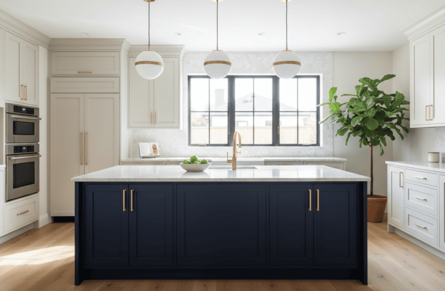Photorealistic editorial photo of a modern kitchen featuring a large dark navy blue kitchen island with contrasting light cream perimeter cabinetry, gold hardware, pendant lights hanging above the island, bright natural light, high-end interior design magazine style.
