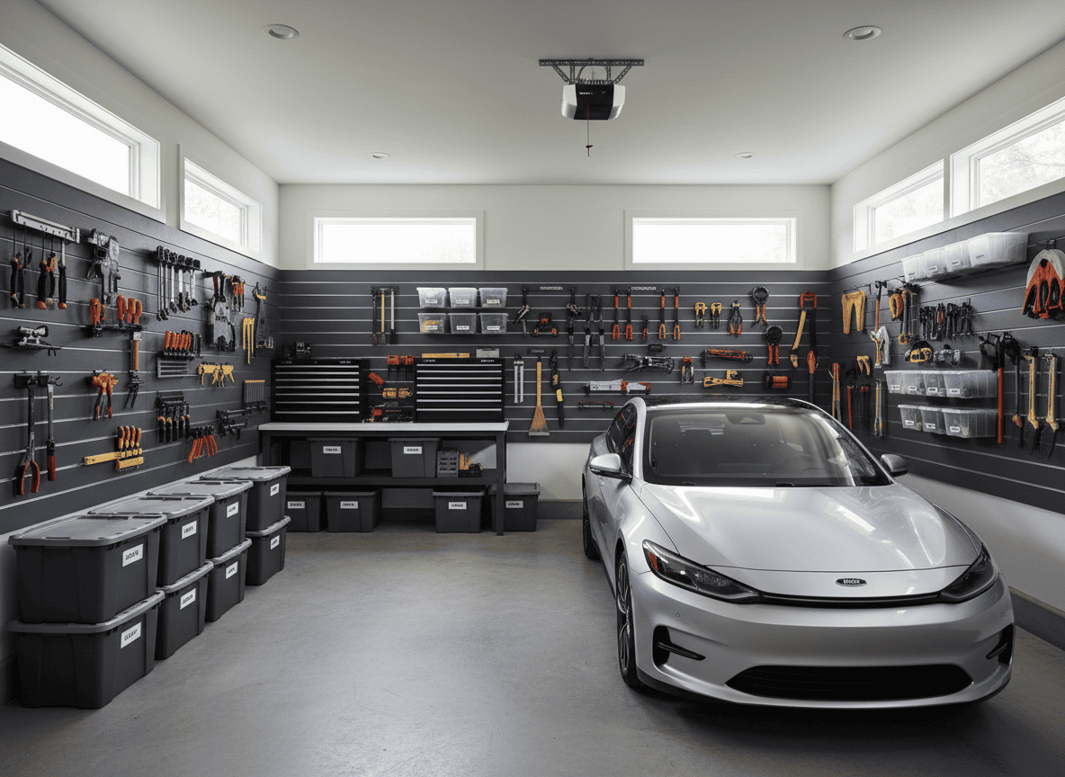 A newly organized garage with wall-mounted storage panels and a car parked inside with room to spare