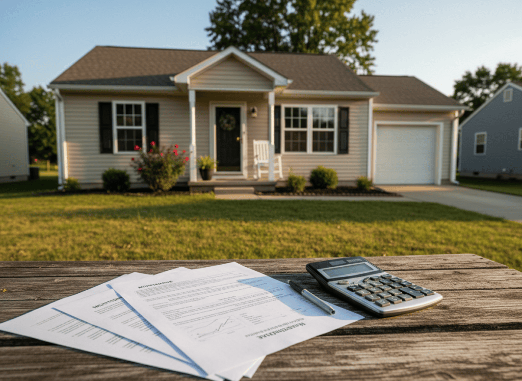Photorealistic editorial photo of a small suburban American starter home with a mortgage paperwork and calculator laid on a porch table in the foreground, warm afternoon light, documentary real estate finance journalism style, no logos or readable text on documents.